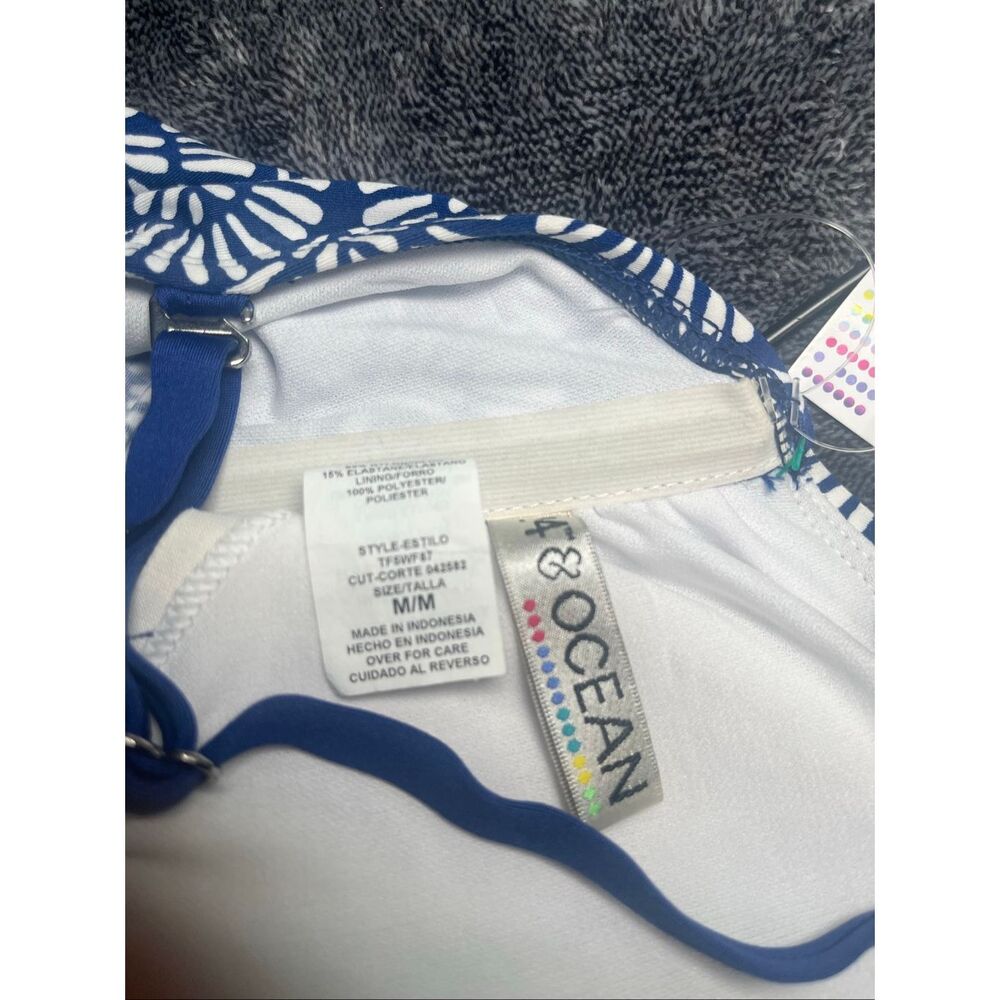 Ocean Blue White Print Tankini Swim Top Women’s Medium Shelf Bra Swimwear - Picture 4 of 4